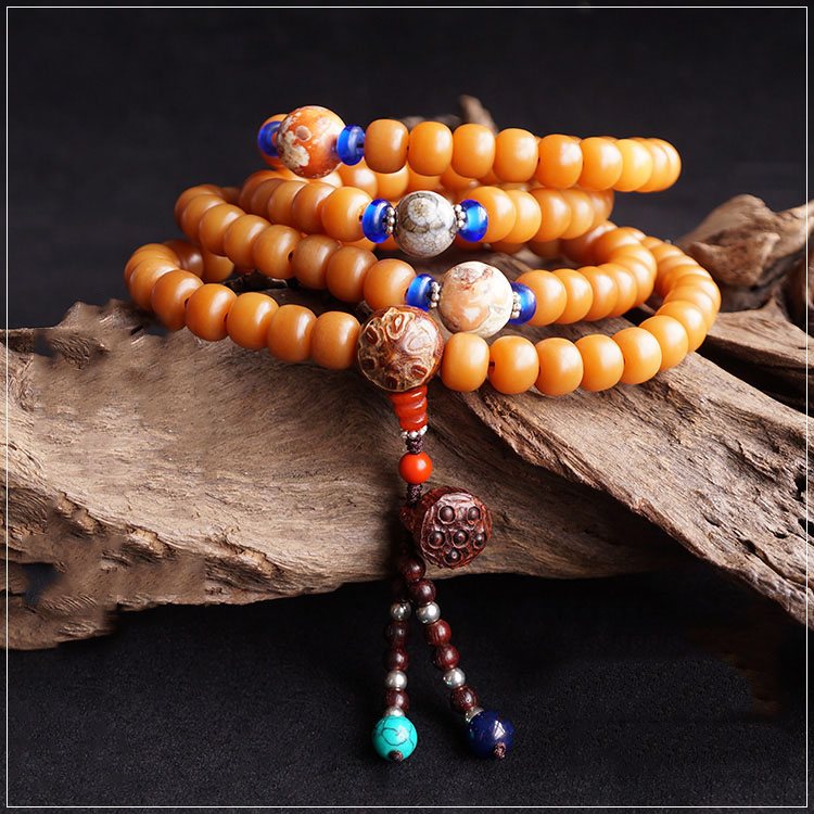 Handmade 108 Beads Natural Bodhi Gobi Agate Dzi Lobular Rosewood Buddhist Necklace